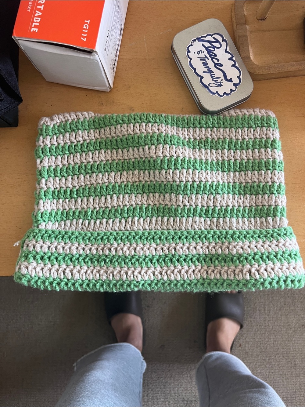 Handcrafted Green & Cream Striped beanie
